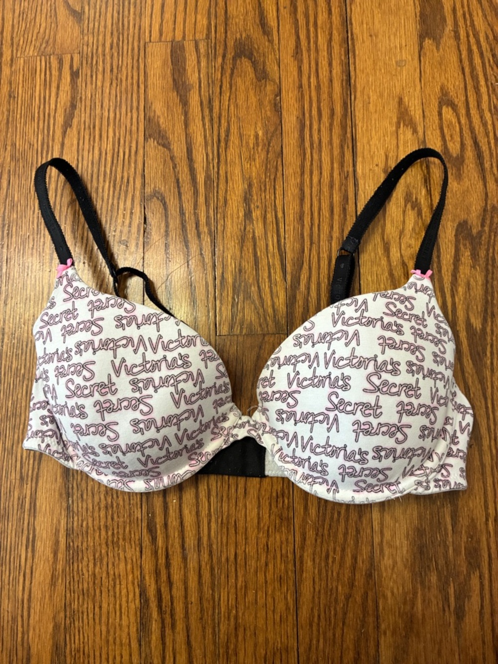 Vintage 2011 Victoria's Secret Pink Script Black Straps Lined demi bra size 36C